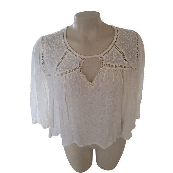 LUCKY BRAND White Gauzy Lace Embrodered Short Sleeve Top S boho Chic hippie - Picture 1 of 4